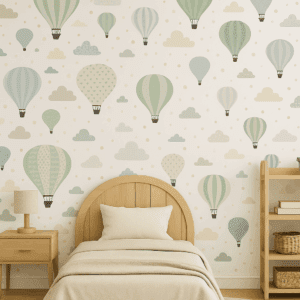 Vinilo Infantil Globos Aerostáticos y Nubes en Tonos Pastel