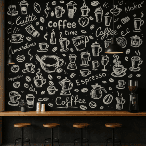 Vinilo decorativo estilo pizarra con dibujos de café