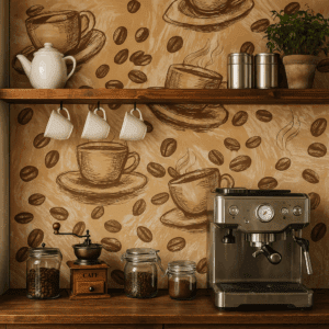 Vinilo decorativo vintage de tazas de café con granos