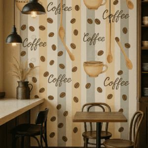 Vinilo decorativo de café y cucharas sobre franjas