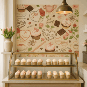 Vinilo decorativo romántico con cupcakes, corazones y chocolates