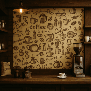 Vinilo estilo pizarra marrón con ilustraciones de café