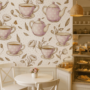 Vinilo decorativo de tazas y tetera vintage con flores
