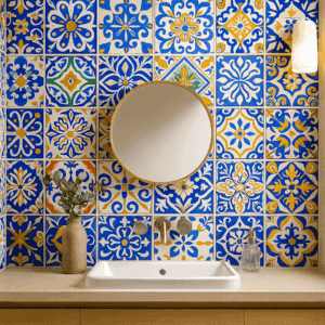 Vinilo autoadhesivo estilo azulejo portugués azul y blanco