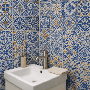 Vinilo impreso estilo azulejo mediterráneo moderno en tonos vivos