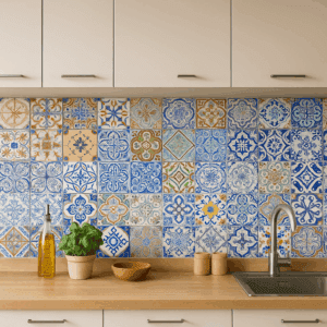 Vinilo estilo azulejo mediterráneo azul para cocinas y baños