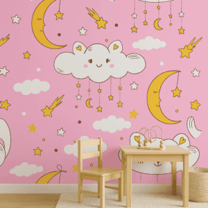 Vinilo Infantil Nubes y Lunas en Fondo Rosa