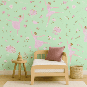 Vinilo Infantil Bailarinas y Flores en Fondo Verde Menta