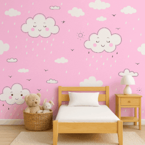 Vinilo Infantil Nubes Sonrientes y Lluvia en Fondo Rosa