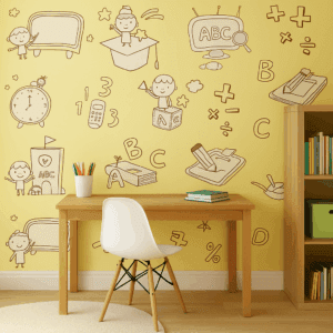 Vinilo Infantil Educativo con Ilustraciones Escolares Fondo Amarillo