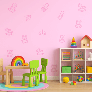 Vinilo Infantil Juguetes y Accesorios Bebé Fondo Rosa