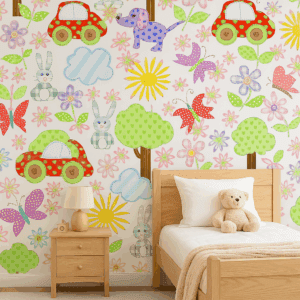 Vinilo Infantil Patchwork con Coches, Animales y Flores