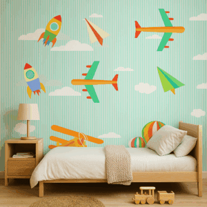 Vinilo Infantil Aviones y Cohetes Fondo Celeste a Rayas