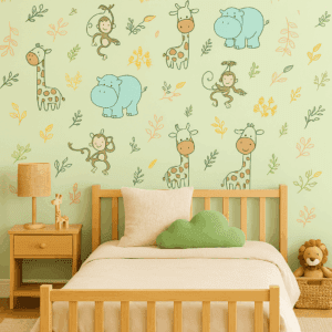 Vinilo Infantil Animales de Safari Fondo Verde Claro