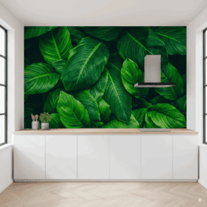 Mural hojas verdes intensas para cocina moderna