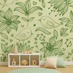 Mural vinílico infantil flores y pajaritos verdes