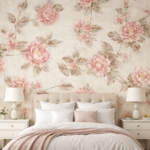 Mural floral beige con rosas rosas suaves