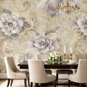 Mural floral clásico gris azulado para pared sofisticada