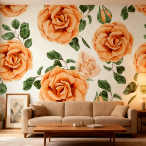 Mural Floral Blanco con Rosas Naranjas para Pared Luminosa