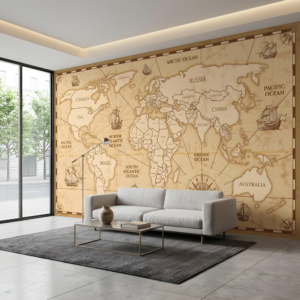 Mapa Mundial Vintage Marrón con Ilustraciones Náuticas